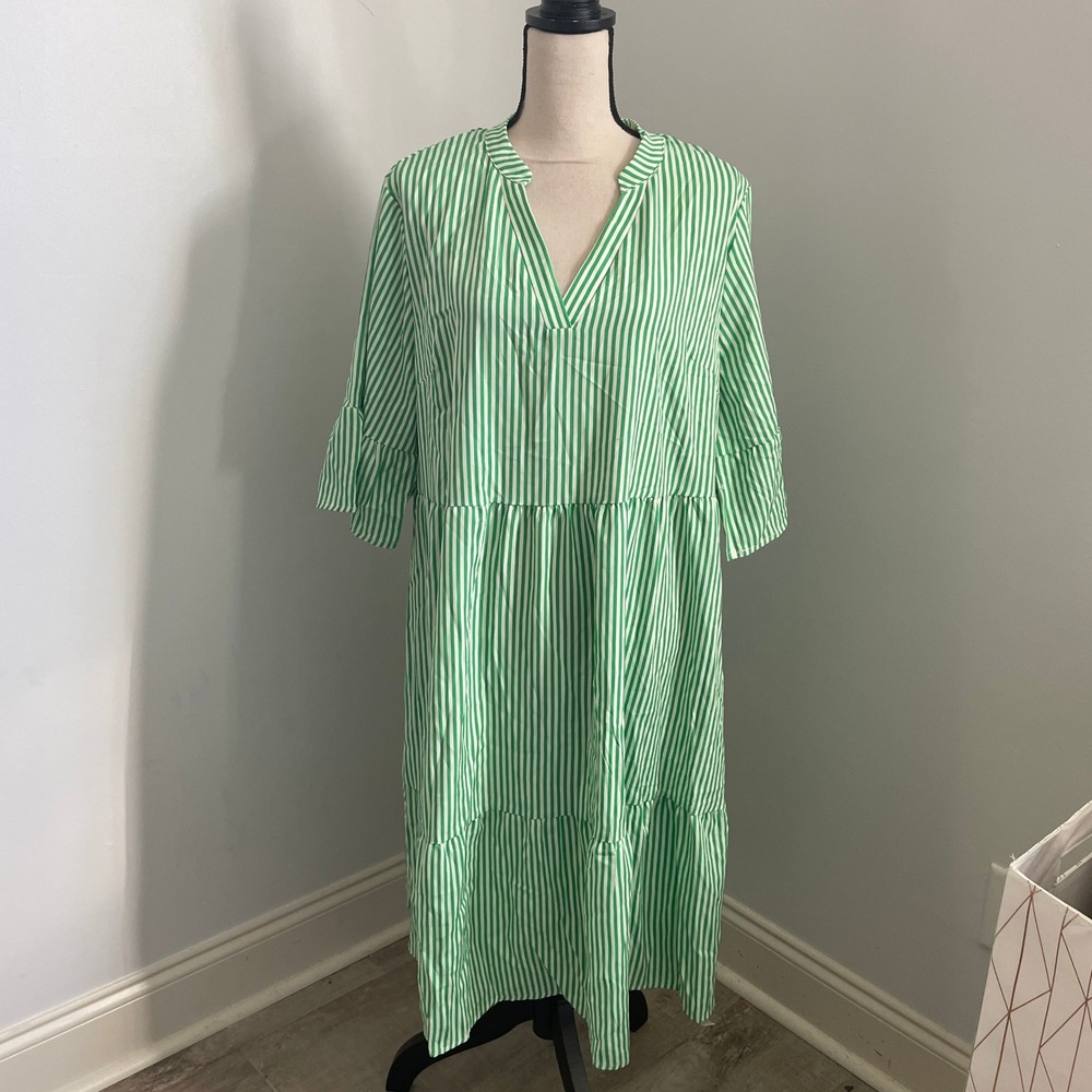 Green White Striped Tiered Midi Dress 1XL Ruffle Sleeve Peasant Tiered Boho Chic